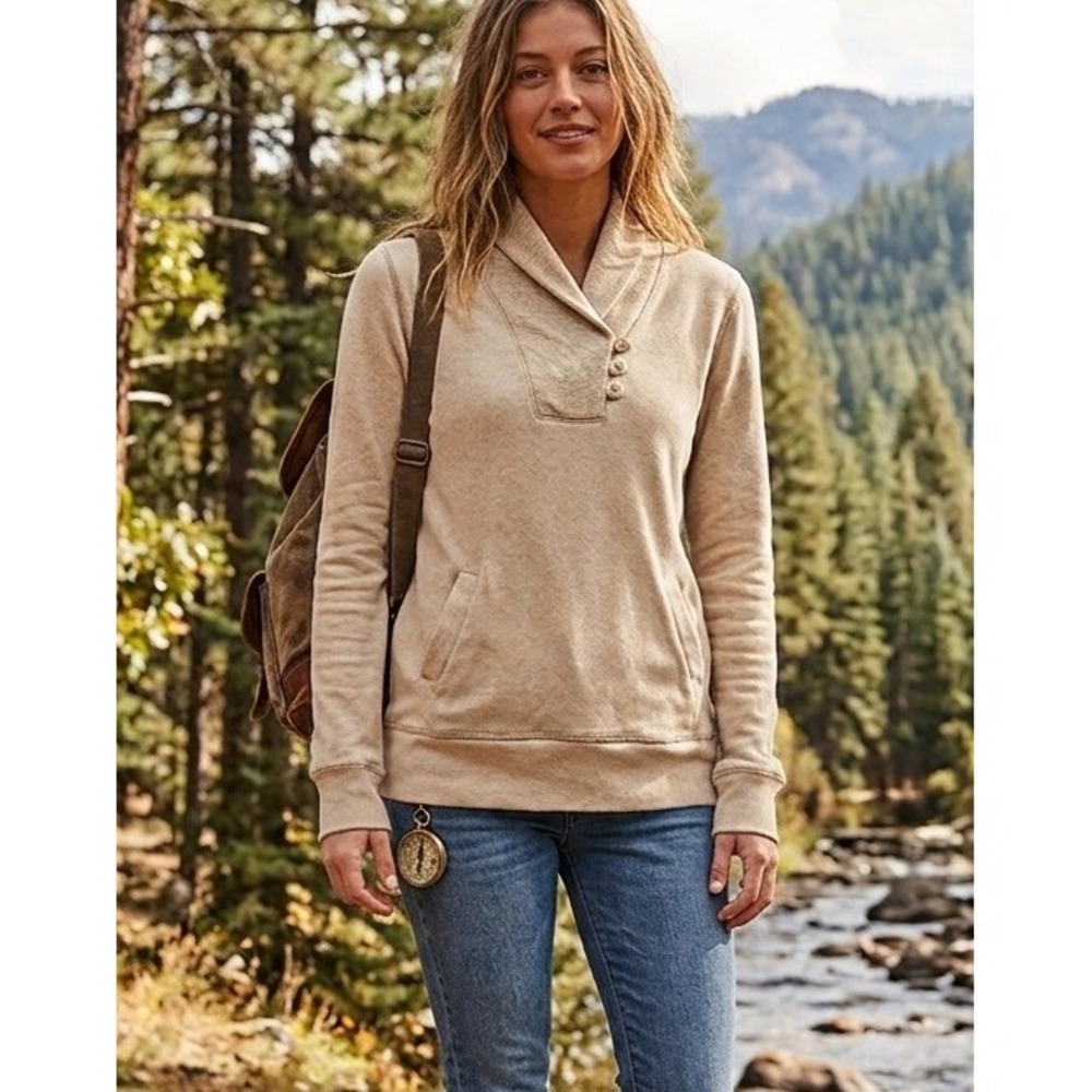 Eddie Bauer Womens Shawl Collar Button Pullover Sweatshirt Oatmeal Beige Pockets